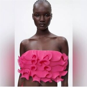 Zara Womens Fuchsia Pink Pleated Ruffle Bandeau Crop Top Side Zip Size Large